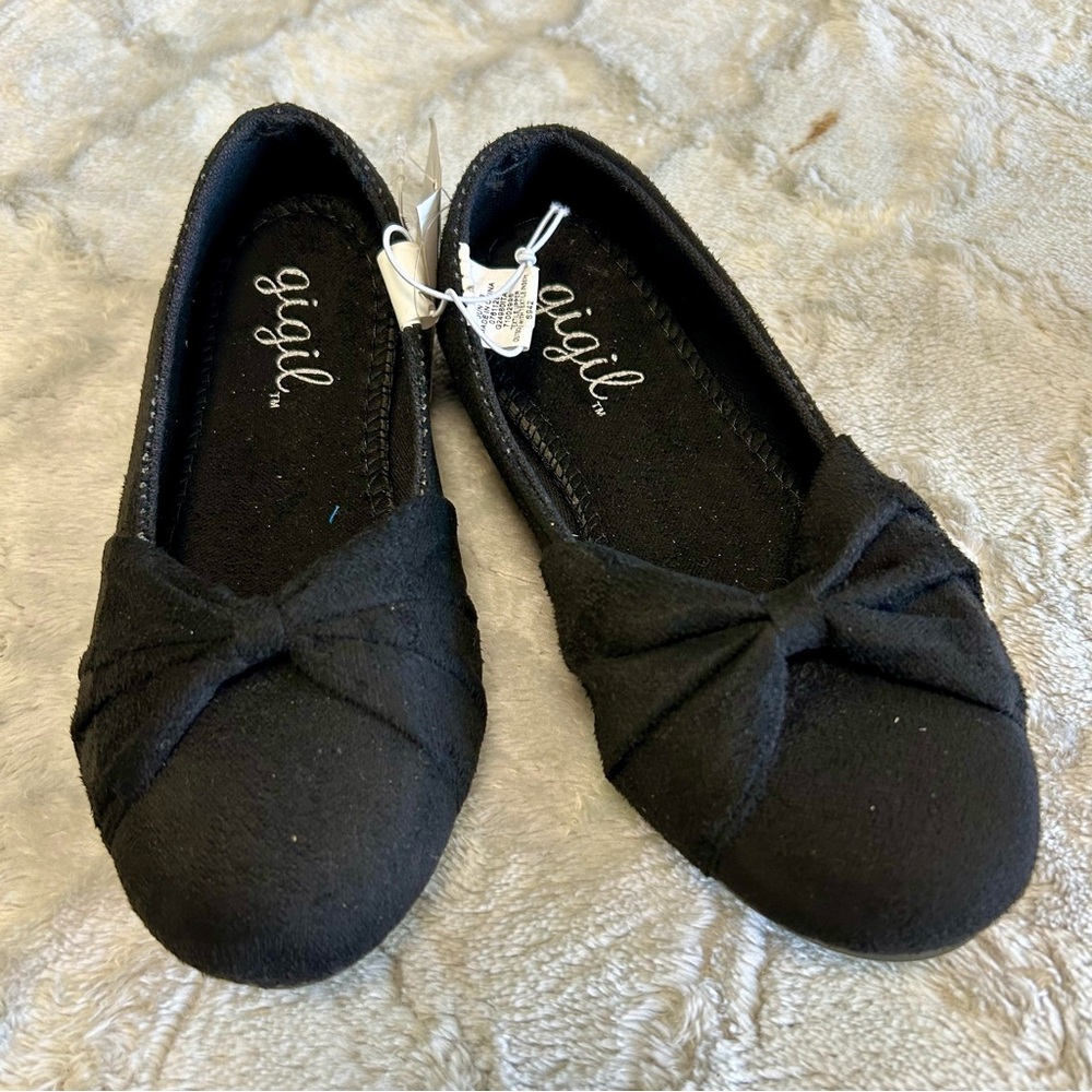 Gigil Sz 13 Girls Bow Front Black Flocked Shoes Ballet 🩰 Flats NWT